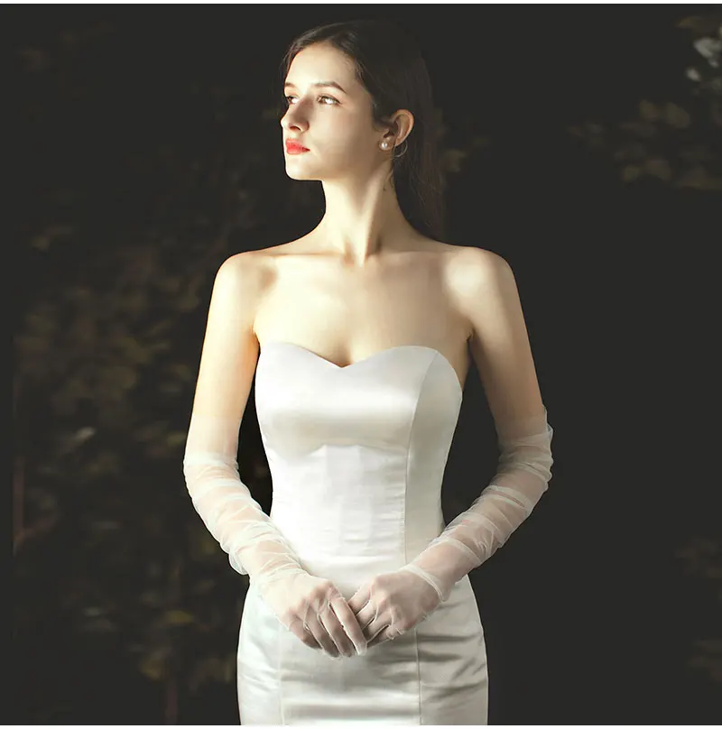 WG002-1 Elegant White / Black Long Gloves Light Breathable Tulle Brides Bridesmaid Wedding Pageant Prom Women Gloves