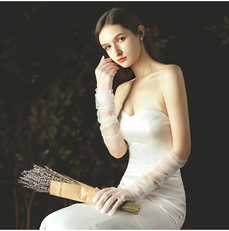 WG002-1 Elegant White / Black Long Gloves Light Breathable Tulle Brides Bridesmaid Wedding Pageant Prom Women Gloves