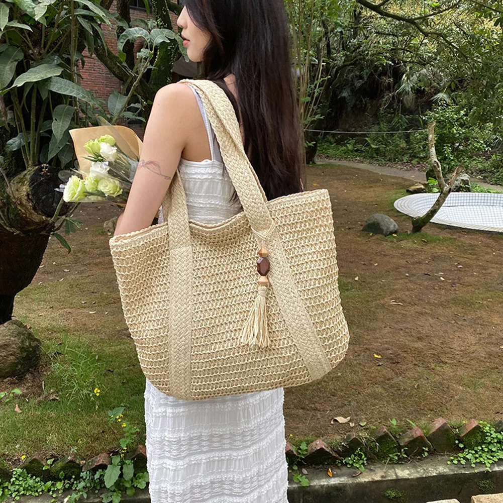 Summer Straw Women Bag Hand-Woven Handbags Handmade Raffia Beach Boho Shoulder Bag Large Tote Bag Tassel Shopping Purses