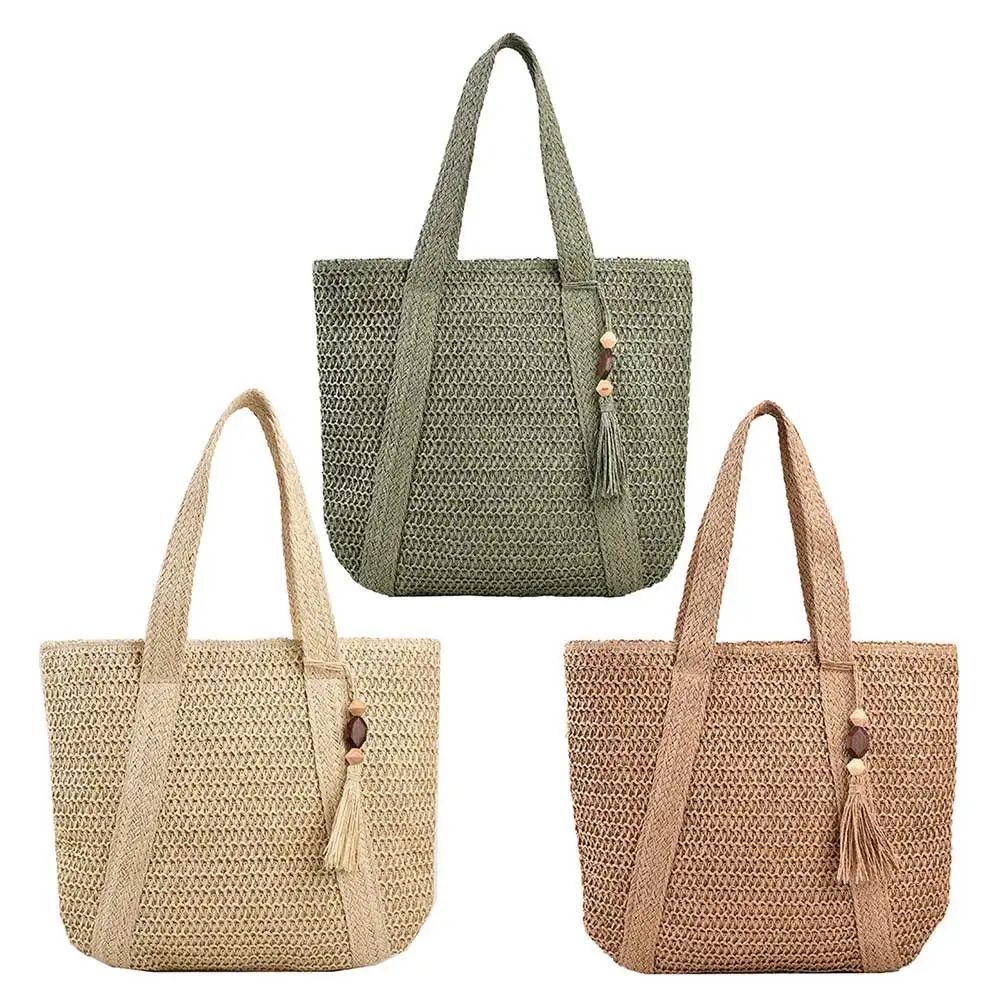 Summer Straw Women Bag Hand-Woven Handbags Handmade Raffia Beach Boho Shoulder Bag Large Tote Bag Tassel Shopping Purses