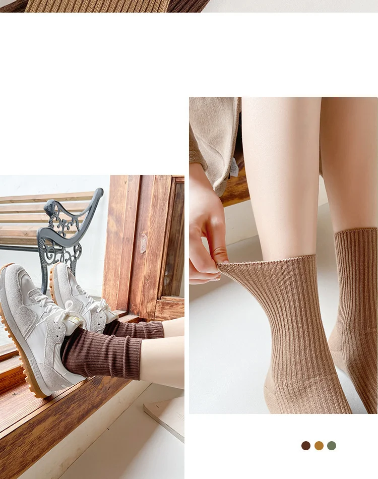 CHAOZHU Autumn Winter Red Brown Color Series Women Loose Socks Rib Cotton Fashion Basic Daily Classic Sock Female