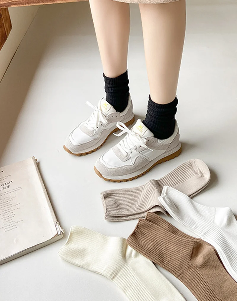 CHAOZHU Autumn Winter Red Brown Color Series Women Loose Socks Rib Cotton Fashion Basic Daily Classic Sock Female