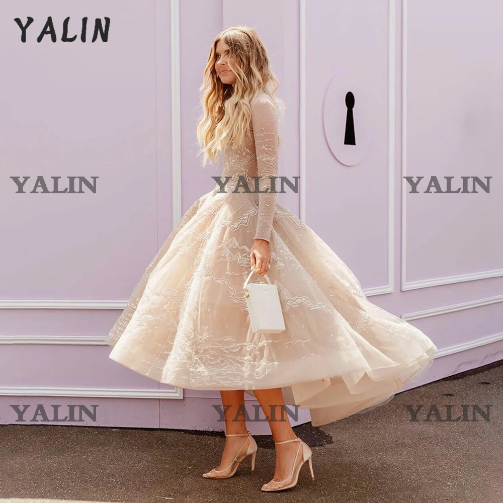 Customized Elegant High Low Prom Dresses Long Sleeves Ankle Length Pleated Homecoming Applique Lace vestidos de fiesta
