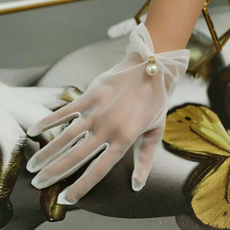 High Quality Chiffon Wedding Gloves White Short Bow Pearl Finger Women Bridal Gloves Wedding Party Accessories