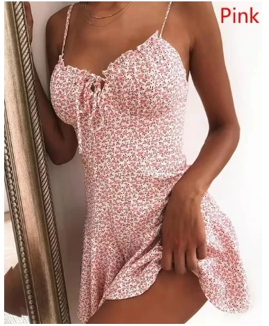 Summer Women New Sling Dresses Fashion Spaghetti Strap Flower Dress Tie Front Slim Dress Miniskirt Sexy Dress