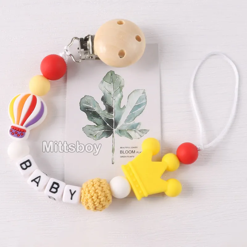 NEW Personalized Name Handmade Beech Pacifier Clip Holder Chain Silicone Rainbow Pacifier Chain Baby Teether Teething Chain Gift