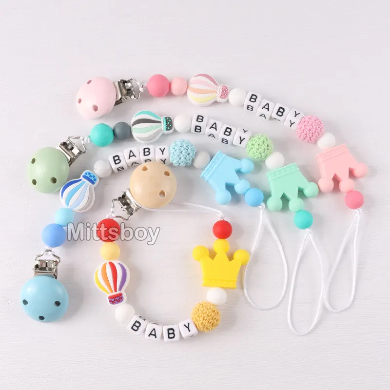 NEW Personalized Name Handmade Beech Pacifier Clip Holder Chain Silicone Rainbow Pacifier Chain Baby Teether Teething Chain Gift