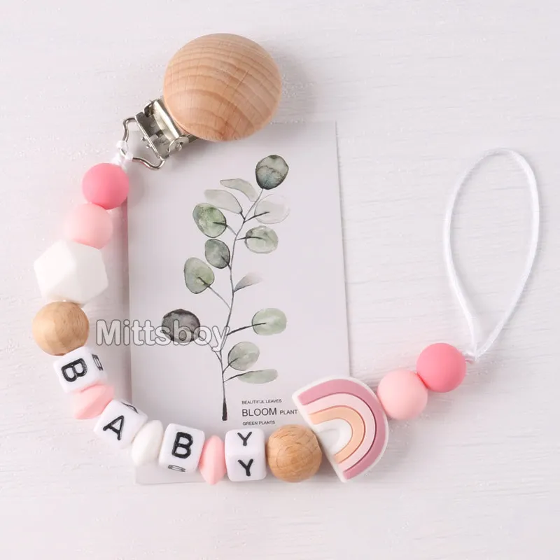 NEW Personalized Name Handmade Beech Pacifier Clip Holder Chain Silicone Rainbow Pacifier Chain Baby Teether Teething Chain Gift