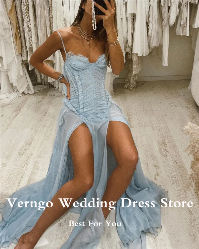 Verngo Dusty Blue Chiffon Long Prom Dresses Spaghetti Straps Pleat Sweetheart Side Slit Evening Gown Sexy Party Dress Customized