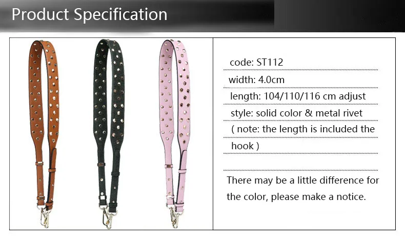 Square Metal Rivet Decorate Handbag Strap Wide Adjustable Length Solid Color Black Blue White Bag Belt Handle DIY Accessories