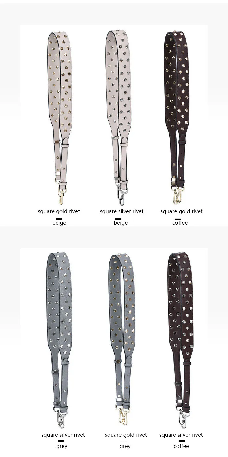 Square Metal Rivet Decorate Handbag Strap Wide Adjustable Length Solid Color Black Blue White Bag Belt Handle DIY Accessories