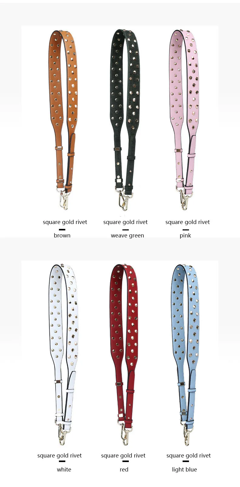 Square Metal Rivet Decorate Handbag Strap Wide Adjustable Length Solid Color Black Blue White Bag Belt Handle DIY Accessories