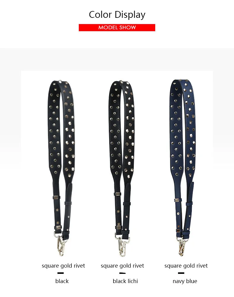Square Metal Rivet Decorate Handbag Strap Wide Adjustable Length Solid Color Black Blue White Bag Belt Handle DIY Accessories