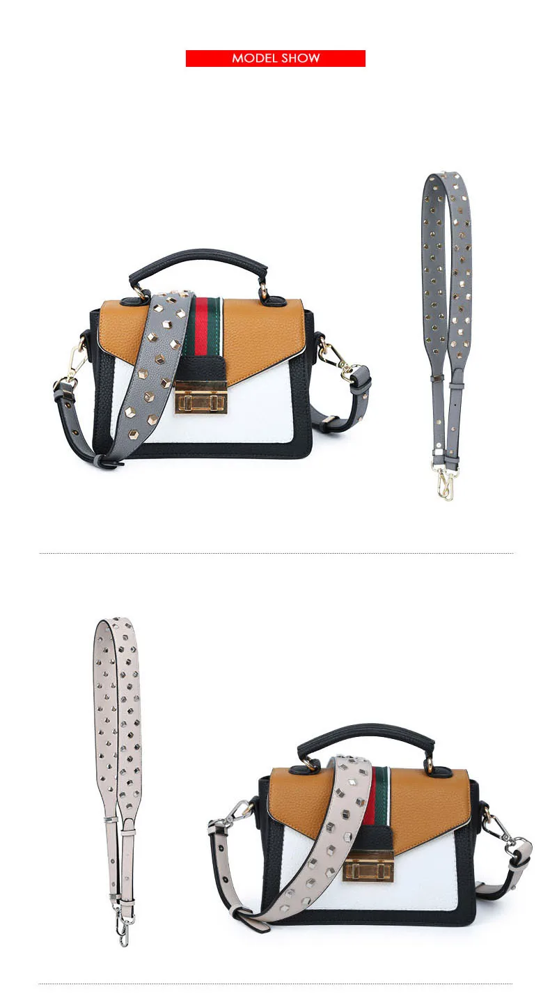 Square Metal Rivet Decorate Handbag Strap Wide Adjustable Length Solid Color Black Blue White Bag Belt Handle DIY Accessories