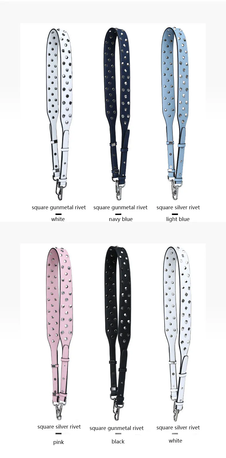 Square Metal Rivet Decorate Handbag Strap Wide Adjustable Length Solid Color Black Blue White Bag Belt Handle DIY Accessories