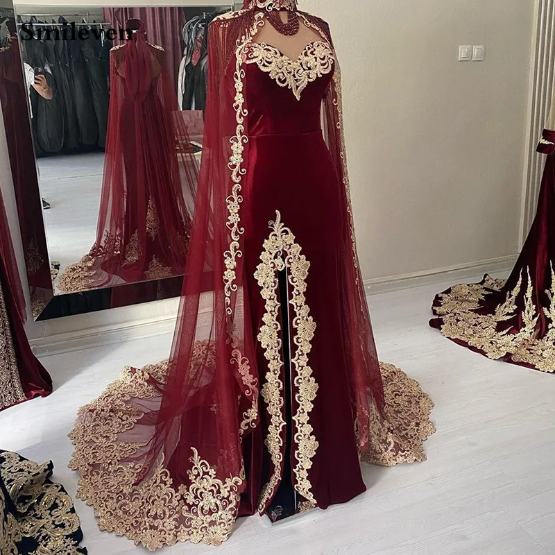 Smileven Burgundy Karakou Algerian Caftan Mermaid Evening Dresses With Lace Shawal Prom Dress Party Gowns Customized