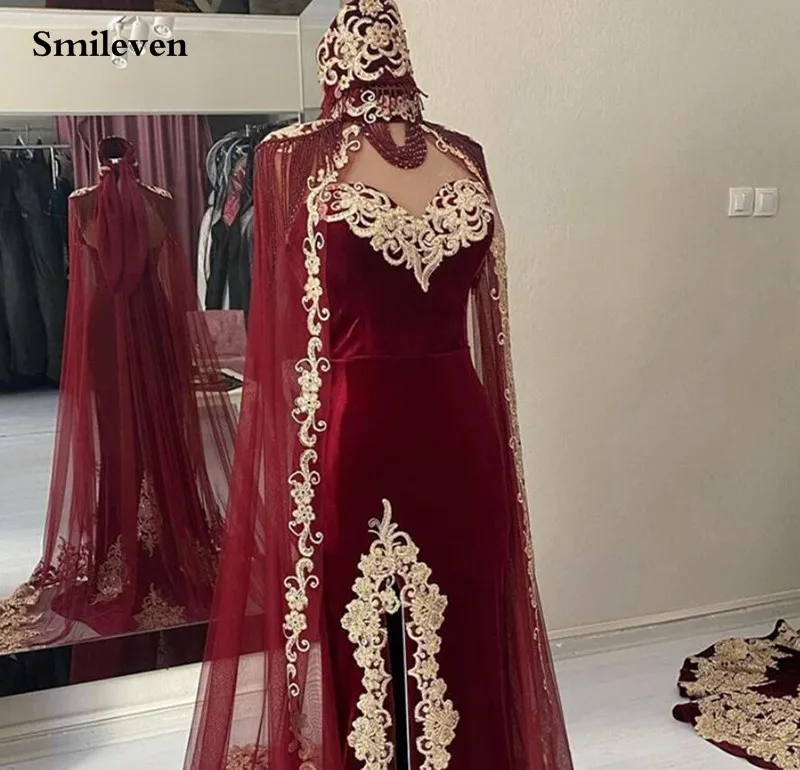 Smileven Burgundy Karakou Algerian Caftan Mermaid Evening Dresses With Lace Shawal Prom Dress Party Gowns Customized