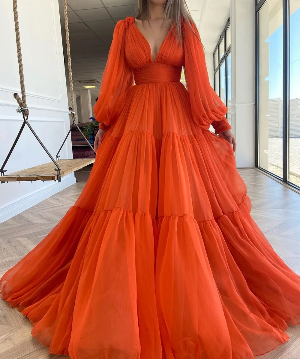 Sevintage Customized Long Puff Sleeves Prom Dresses V-Neck Pleats Chiffon Princess Evening Gowns Women Party Dress Plus Size