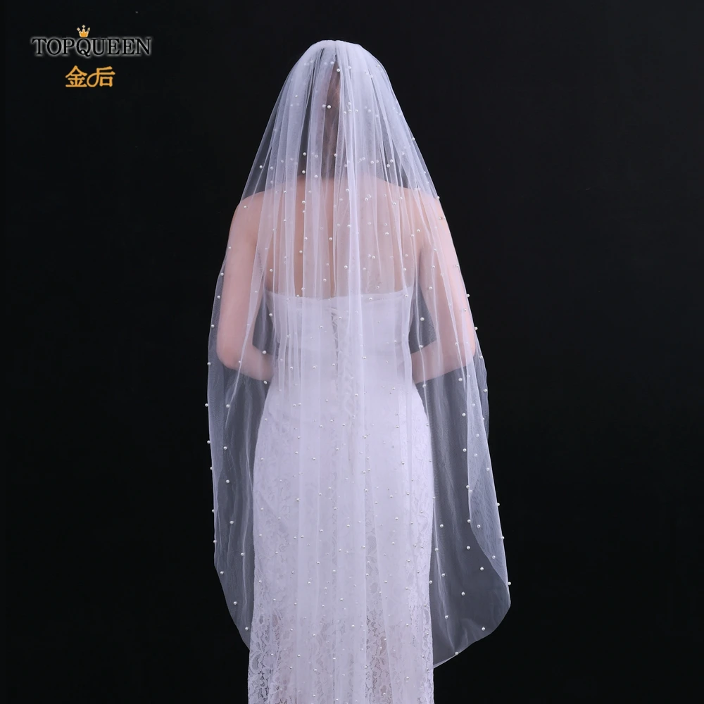 TOPQUEEN V05 Pearls Wedding Veils With Comb 100% Handmade Beaded Wedding Accessories 3M Cathedral Wedding Veil Luxury Elegant