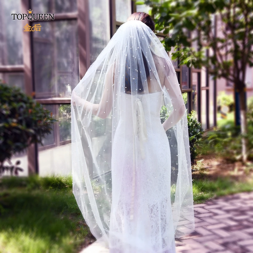 TOPQUEEN V05 Pearls Wedding Veils With Comb 100% Handmade Beaded Wedding Accessories 3M Cathedral Wedding Veil Luxury Elegant