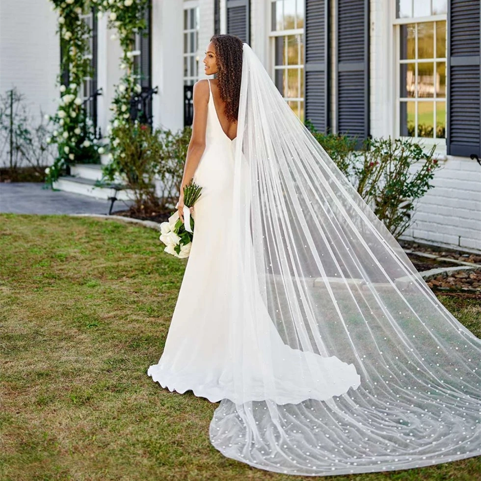 TOPQUEEN V05 Pearls Wedding Veils With Comb 100% Handmade Beaded Wedding Accessories 3M Cathedral Wedding Veil Luxury Elegant