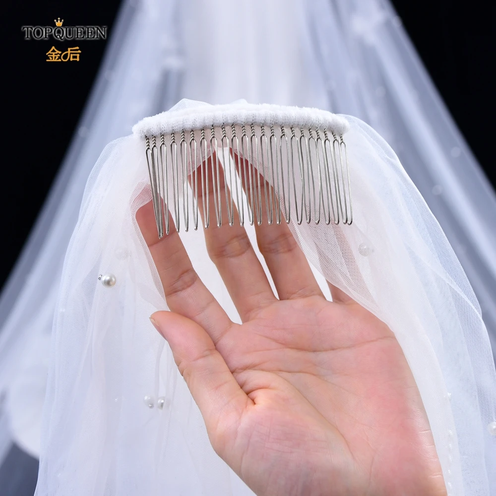 TOPQUEEN V05 Pearls Wedding Veils With Comb 100% Handmade Beaded Wedding Accessories 3M Cathedral Wedding Veil Luxury Elegant