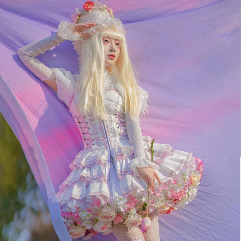 Handmade Colorful Flowers Petticoat Lolita Skirt Support Harvest Kawaii Short Dress Halloween Accessories Cute Girl Korea Japan