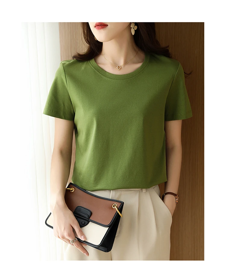 Summer 100% Mercerized Cotton Women Silk T-shirts O Neck Short Sleeve Loose Straight Tops Simple Casual Tees For Minimalist 2025