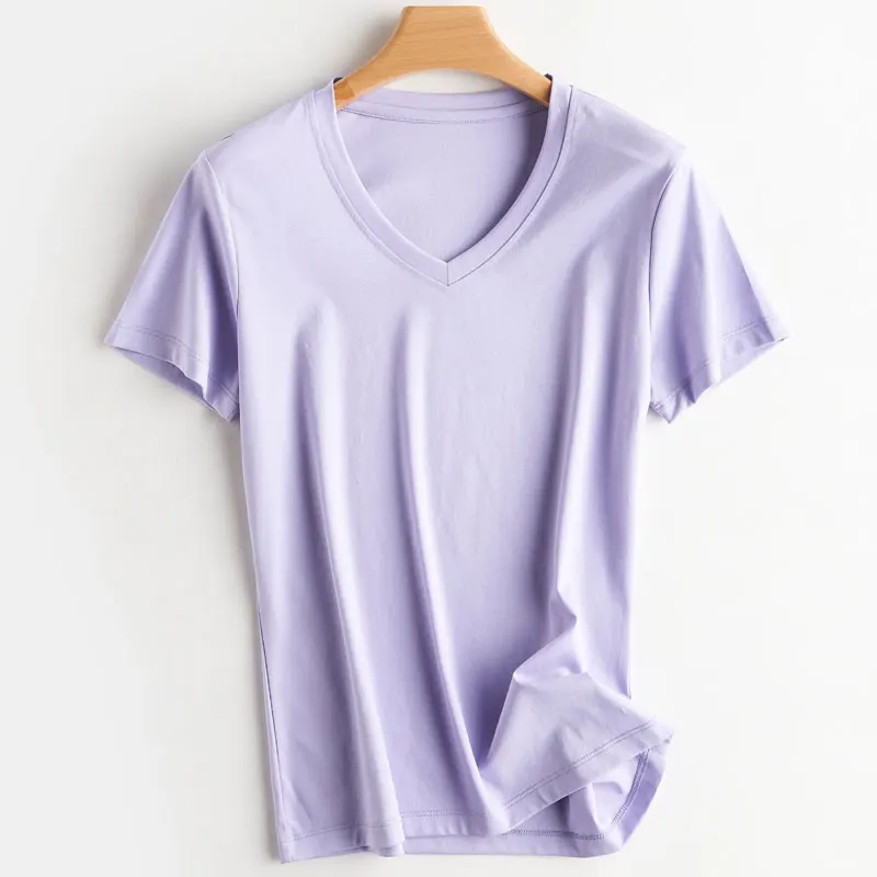 Summer 100% Mercerized Cotton Women Silk T-shirts O Neck Short Sleeve Loose Straight Tops Simple Casual Tees For Minimalist 2025