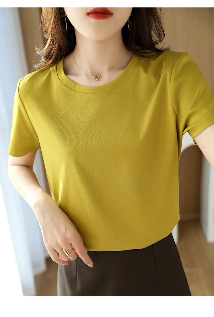 Summer 100% Mercerized Cotton Women Silk T-shirts O Neck Short Sleeve Loose Straight Tops Simple Casual Tees For Minimalist 2025
