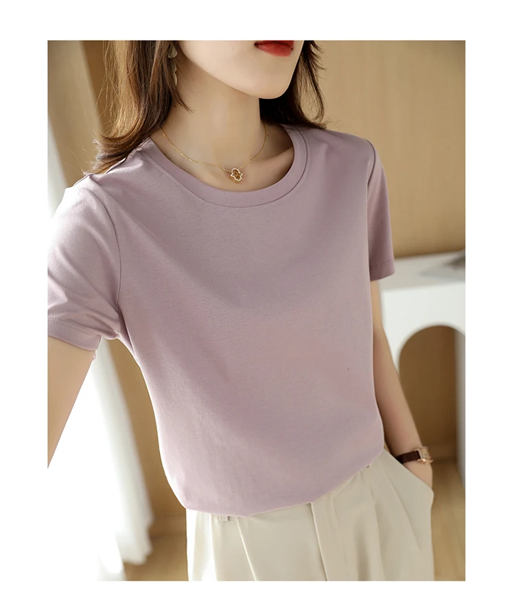 Summer 100% Mercerized Cotton Women Silk T-shirts O Neck Short Sleeve Loose Straight Tops Simple Casual Tees For Minimalist 2025