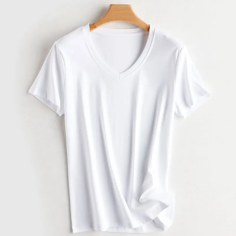 Summer 100% Mercerized Cotton Women Silk T-shirts O Neck Short Sleeve Loose Straight Tops Simple Casual Tees For Minimalist 2025