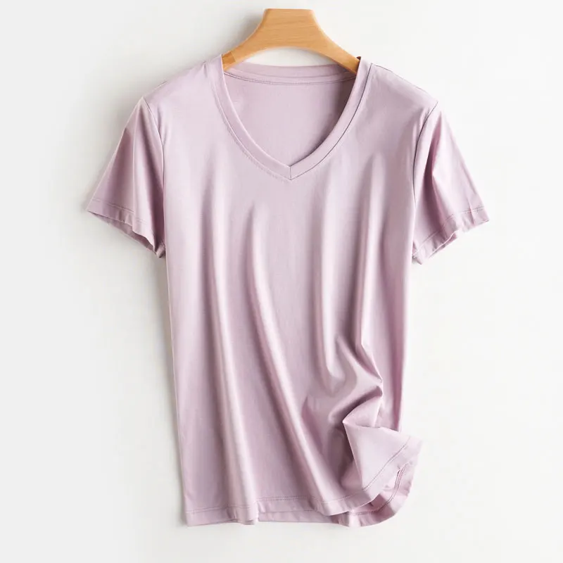 Summer 100% Mercerized Cotton Women Silk T-shirts O Neck Short Sleeve Loose Straight Tops Simple Casual Tees For Minimalist 2025