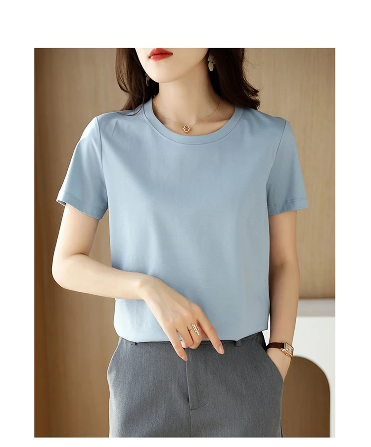 Summer 100% Mercerized Cotton Women Silk T-shirts O Neck Short Sleeve Loose Straight Tops Simple Casual Tees For Minimalist 2025