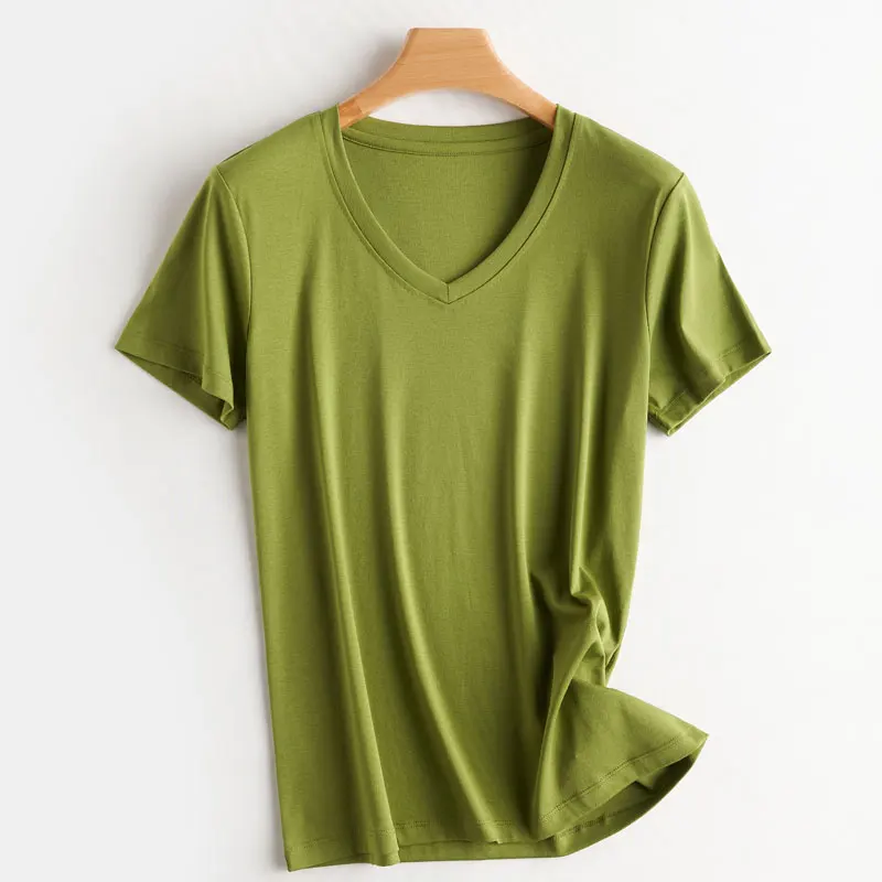 Summer 100% Mercerized Cotton Women Silk T-shirts O Neck Short Sleeve Loose Straight Tops Simple Casual Tees For Minimalist 2025