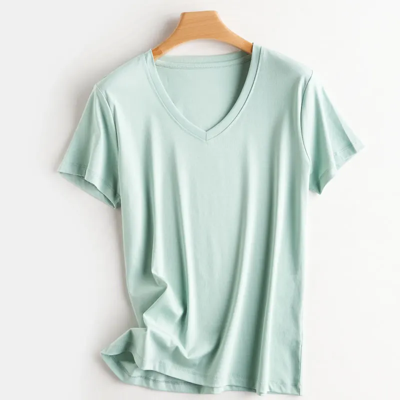 Summer 100% Mercerized Cotton Women Silk T-shirts O Neck Short Sleeve Loose Straight Tops Simple Casual Tees For Minimalist 2025