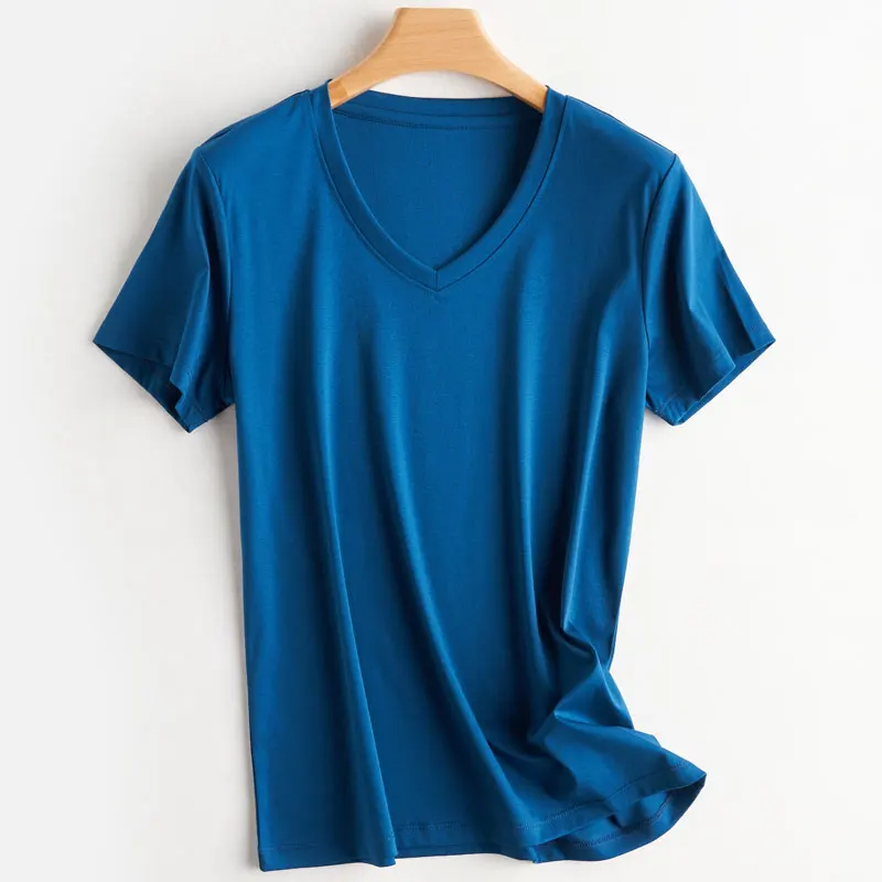 Summer 100% Mercerized Cotton Women Silk T-shirts O Neck Short Sleeve Loose Straight Tops Simple Casual Tees For Minimalist 2025