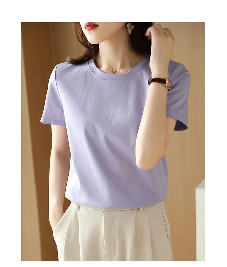 Summer 100% Mercerized Cotton Women Silk T-shirts O Neck Short Sleeve Loose Straight Tops Simple Casual Tees For Minimalist 2025