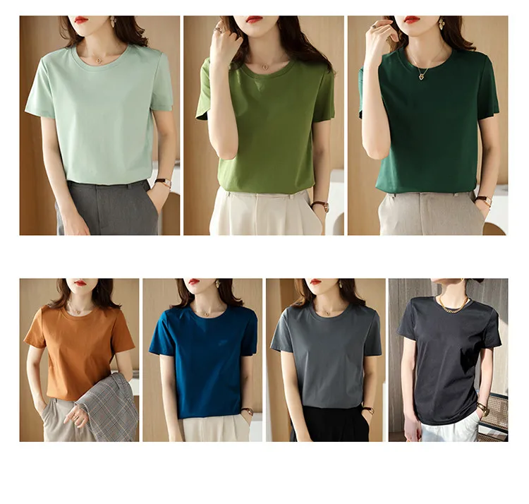 Summer 100% Mercerized Cotton Women Silk T-shirts O Neck Short Sleeve Loose Straight Tops Simple Casual Tees For Minimalist 2025