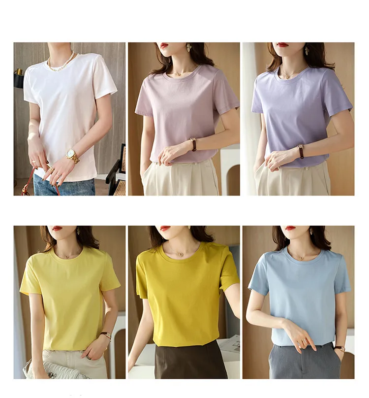 Summer 100% Mercerized Cotton Women Silk T-shirts O Neck Short Sleeve Loose Straight Tops Simple Casual Tees For Minimalist 2025