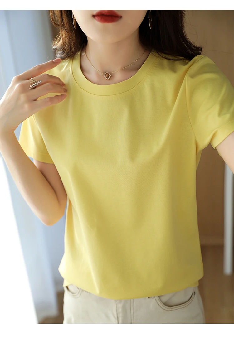 Summer 100% Mercerized Cotton Women Silk T-shirts O Neck Short Sleeve Loose Straight Tops Simple Casual Tees For Minimalist 2025