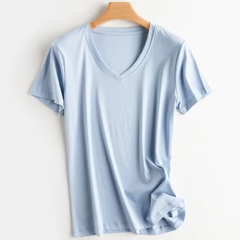 Summer 100% Mercerized Cotton Women Silk T-shirts O Neck Short Sleeve Loose Straight Tops Simple Casual Tees For Minimalist 2025