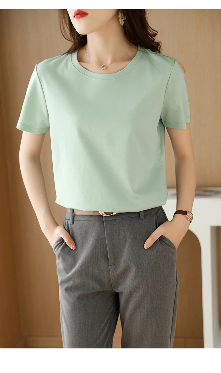 Summer 100% Mercerized Cotton Women Silk T-shirts O Neck Short Sleeve Loose Straight Tops Simple Casual Tees For Minimalist 2025