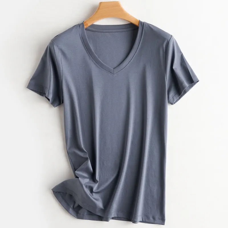 Summer 100% Mercerized Cotton Women Silk T-shirts O Neck Short Sleeve Loose Straight Tops Simple Casual Tees For Minimalist 2025