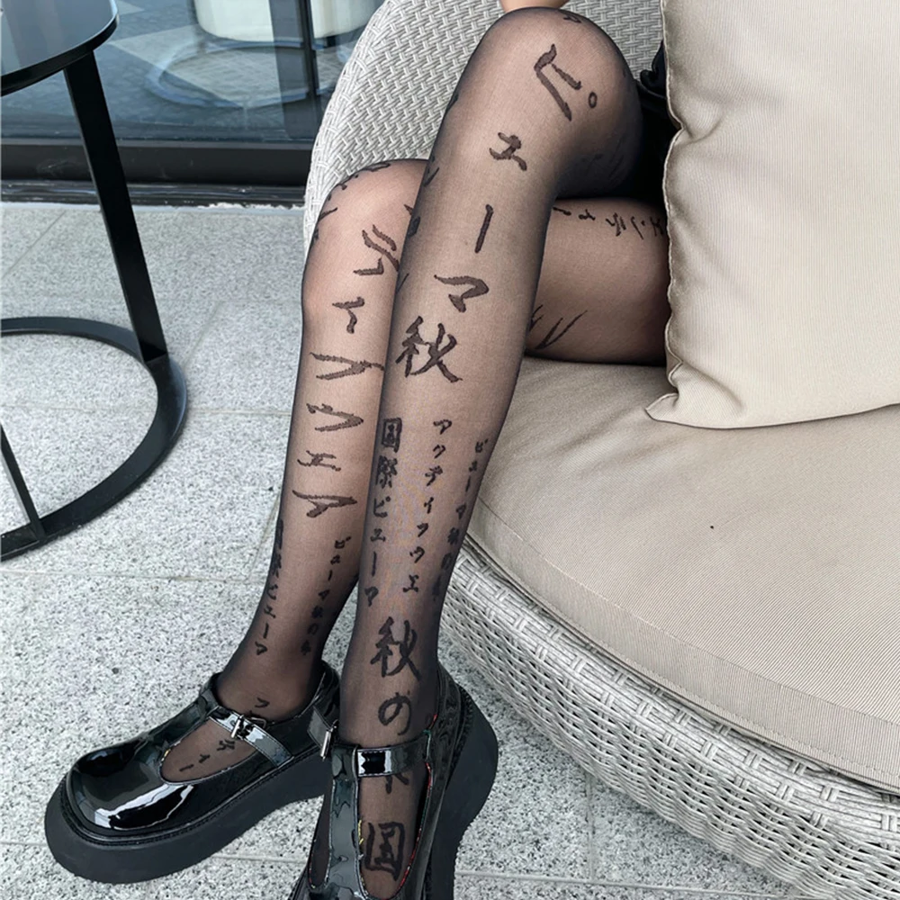 Japanese Style Women's Tights Summer Letter Bow Print Stockings Sexy Lingerie Female Hosiery Hollow Fishnet Mesh Pantyhose Tight