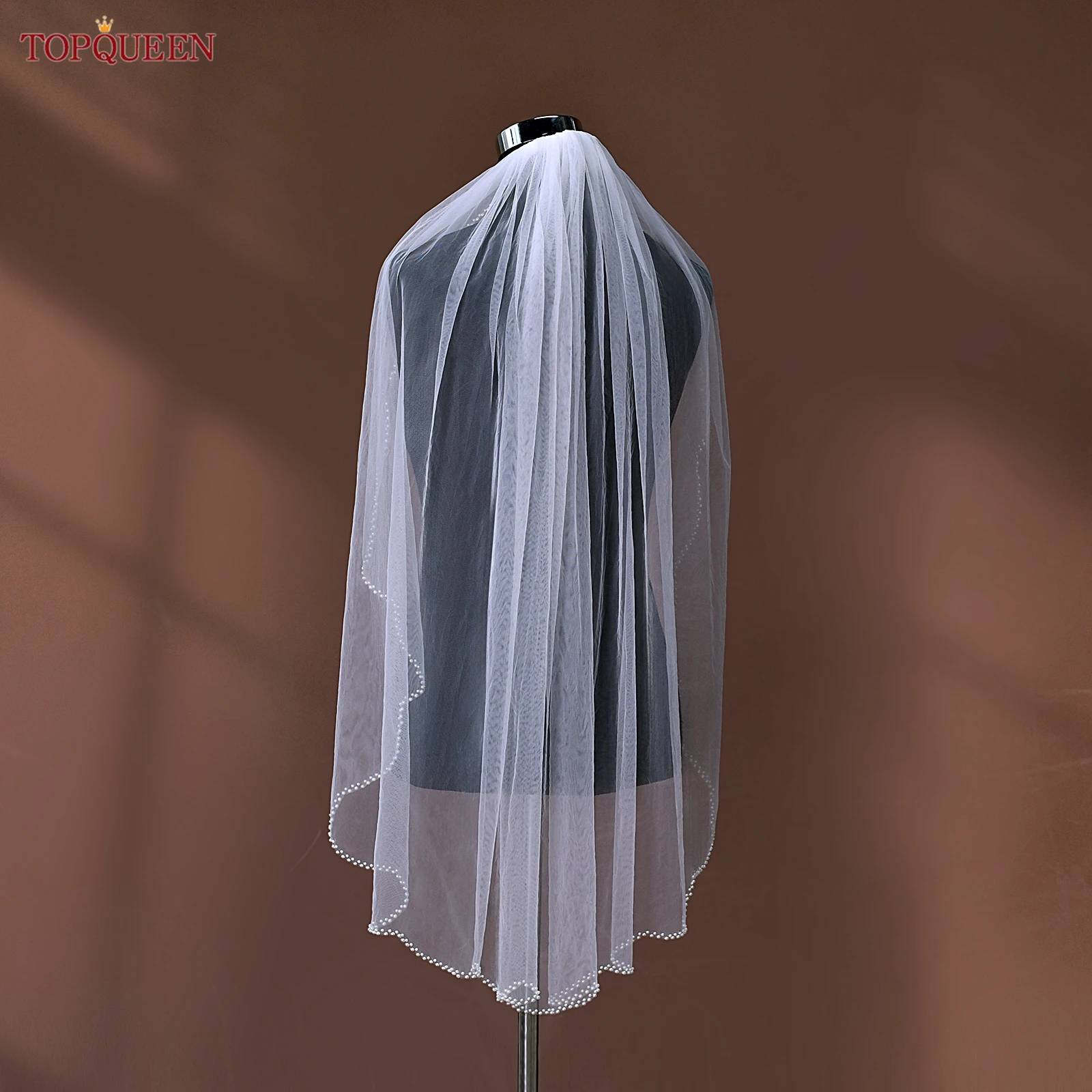 TOPQUEEN V35 Bridal Veil with Pearls Single Tier Bead Edge Bridal Veil Elbow Length Elegance Voile De MariéE High Quality