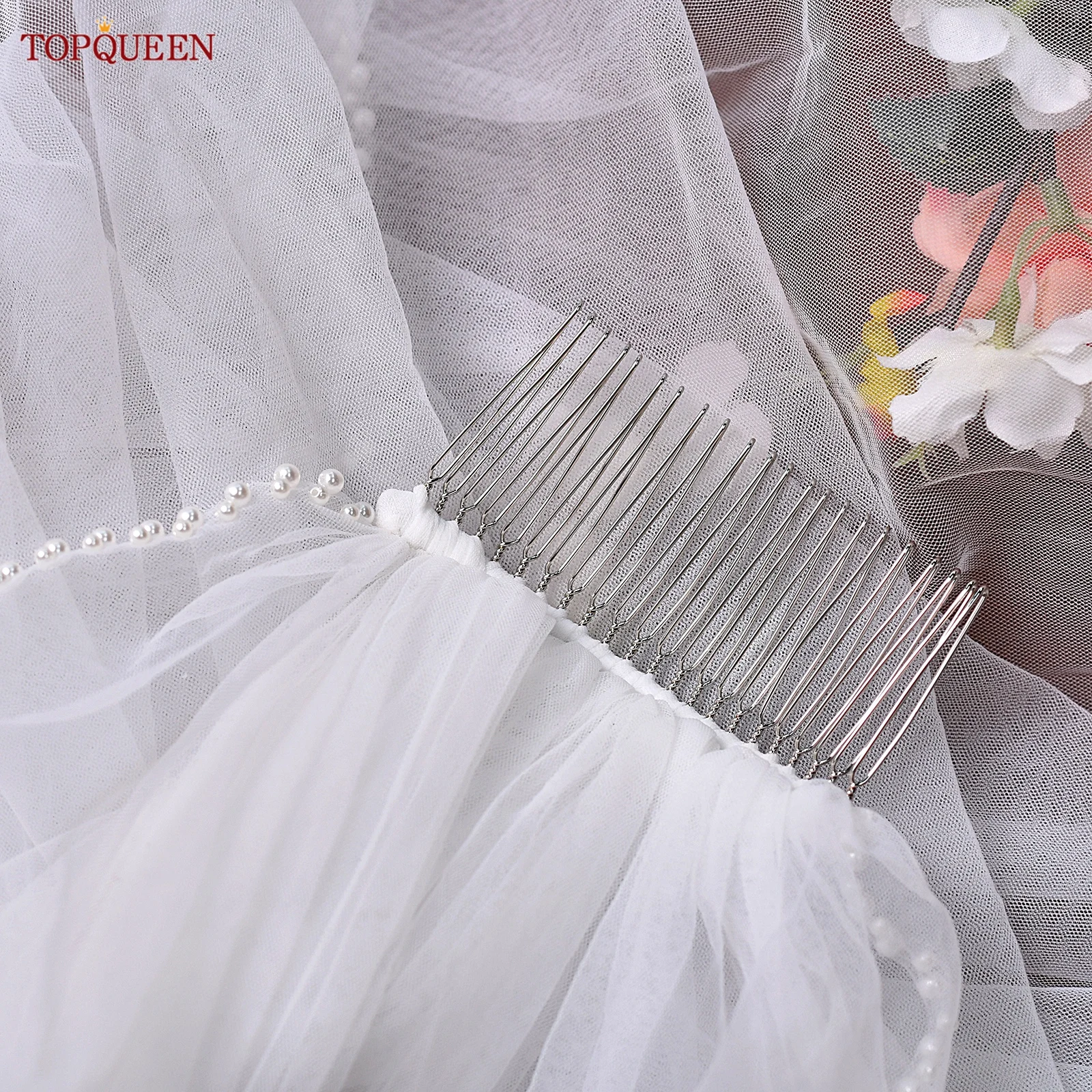 TOPQUEEN V35 Bridal Veil with Pearls Single Tier Bead Edge Bridal Veil Elbow Length Elegance Voile De MariéE High Quality