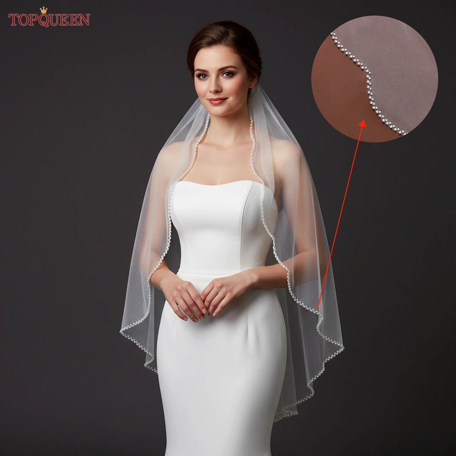 TOPQUEEN V35 Bridal Veil with Pearls Single Tier Bead Edge Bridal Veil Elbow Length Elegance Voile De MariéE High Quality