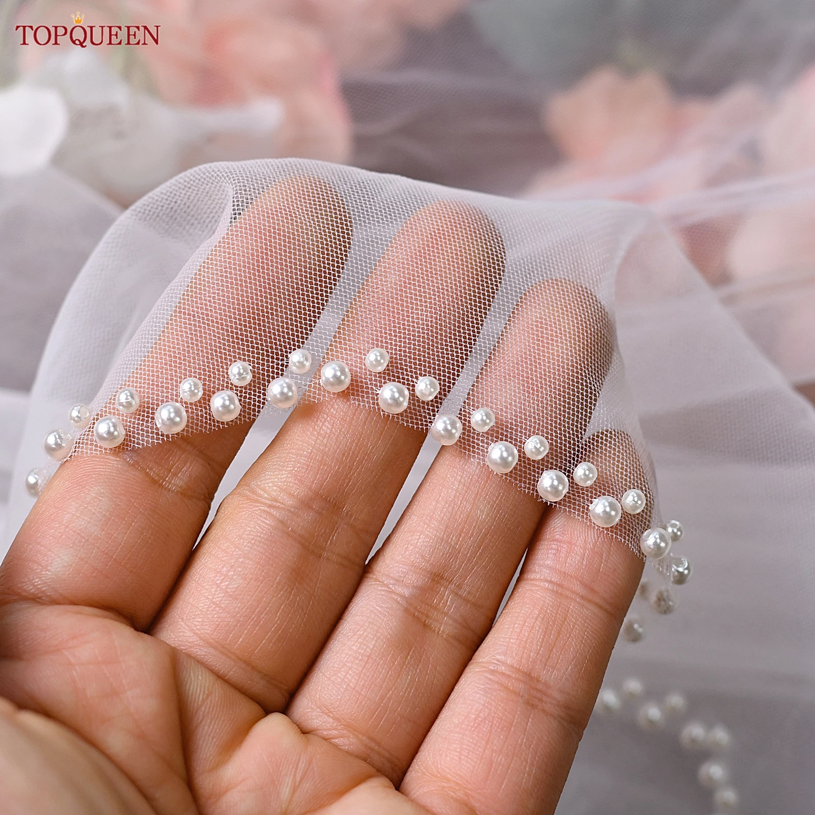 TOPQUEEN V35 Bridal Veil with Pearls Single Tier Bead Edge Bridal Veil Elbow Length Elegance Voile De MariéE High Quality