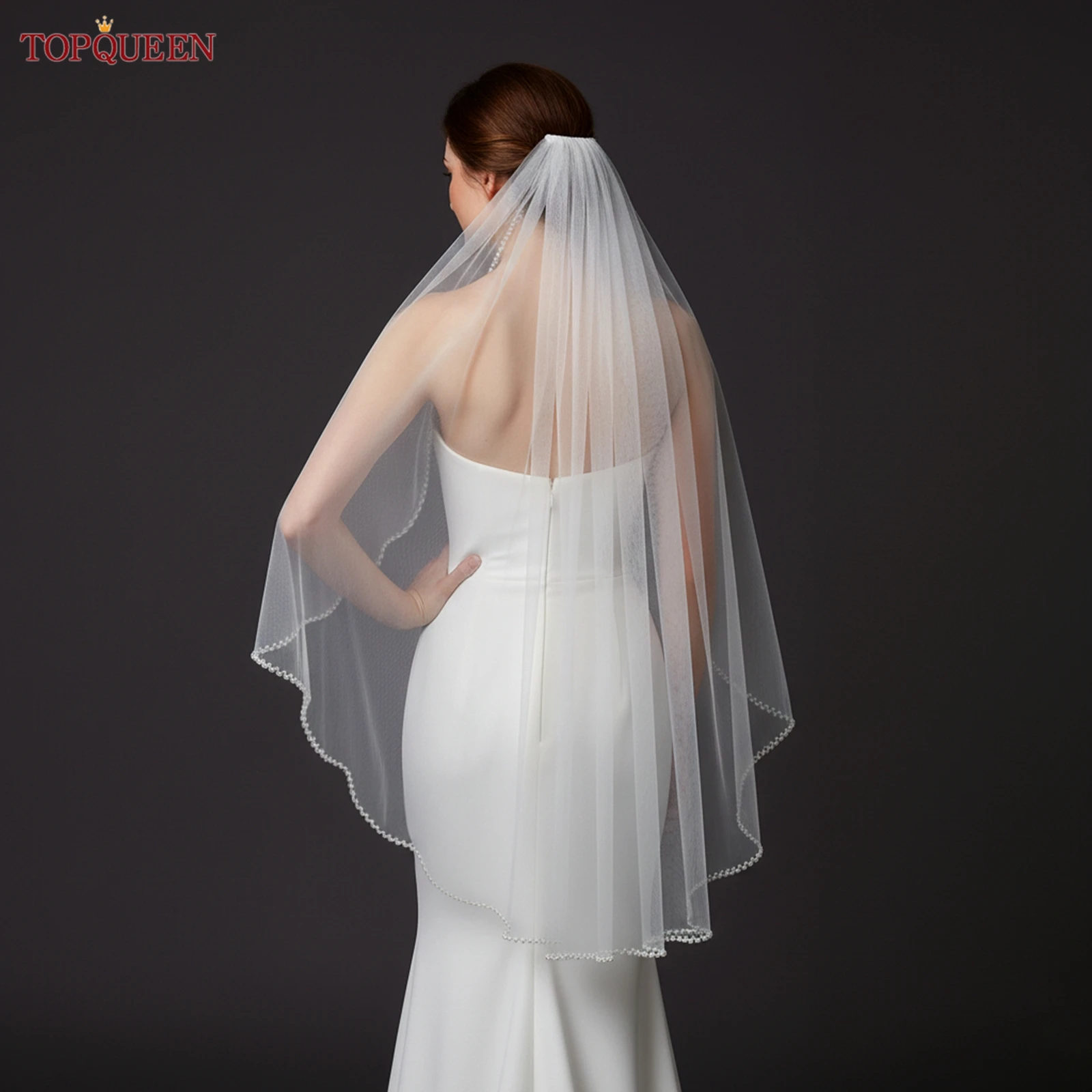 TOPQUEEN V35 Bridal Veil with Pearls Single Tier Bead Edge Bridal Veil Elbow Length Elegance Voile De MariéE High Quality